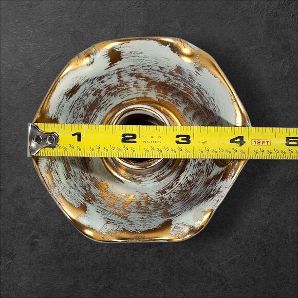 Vintage Stangl 22K Gold Candle Holders #5069 Seafoam Ruffled Mid-Century Pair - Picture 10 of 11